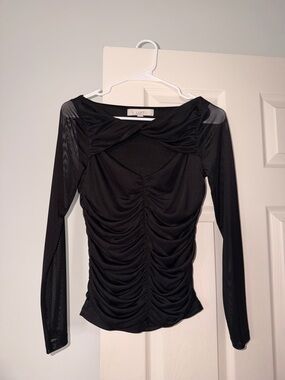 LOFT Black Ruched Sheer-Sleeve Long Sleeve Top